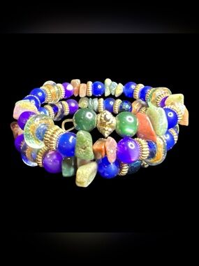 Handmade Blue Purple Cat’s Eye Glass & Gemstone Chip Memory Wire Wrap Bracelet